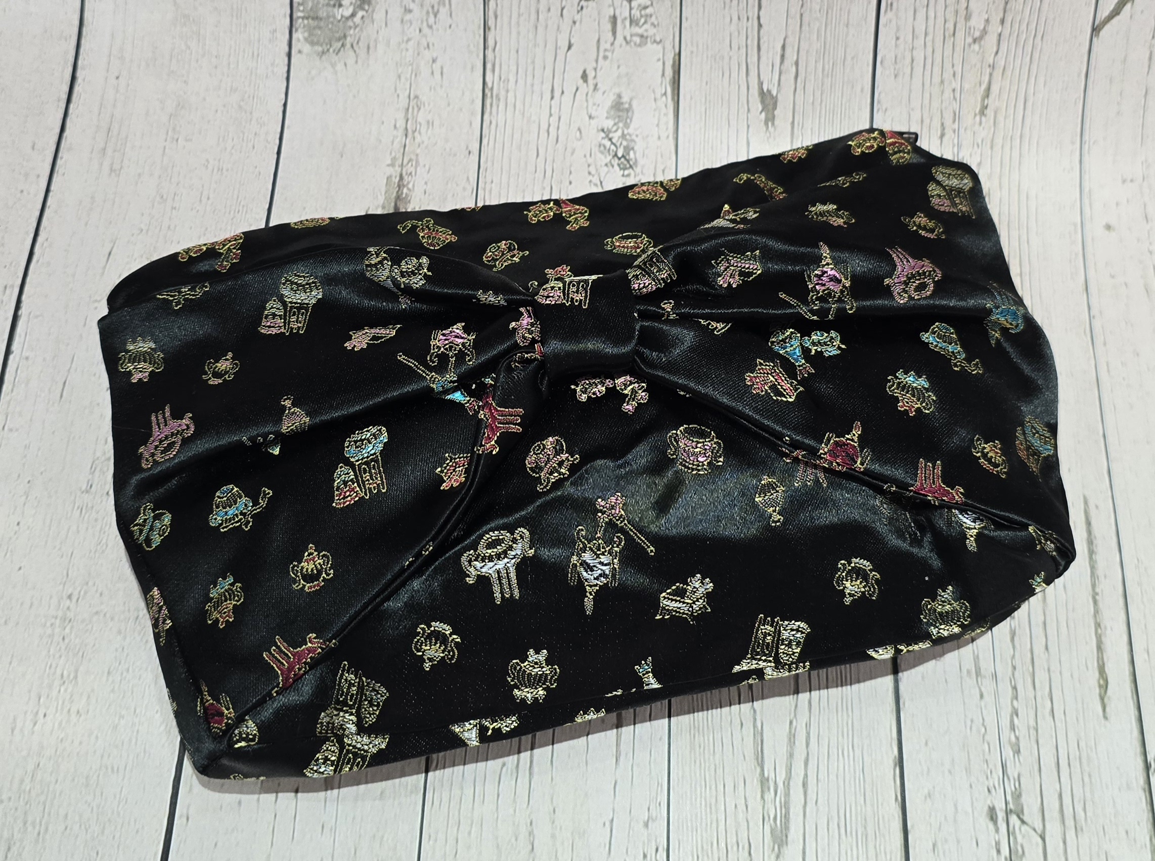 Black satin chinese style fabric - Bow bag (Zippered Clutch)